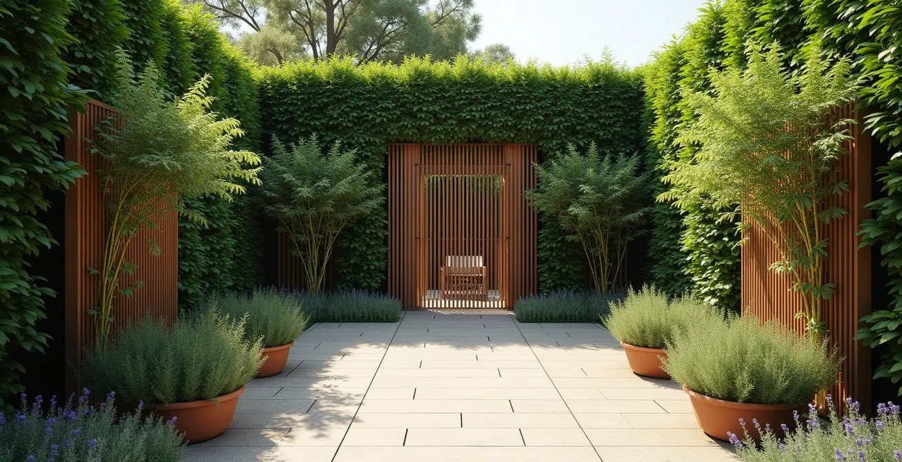 Jardin privé avec haies denses et claustras en bois créant un cocon d'intimité naturelle