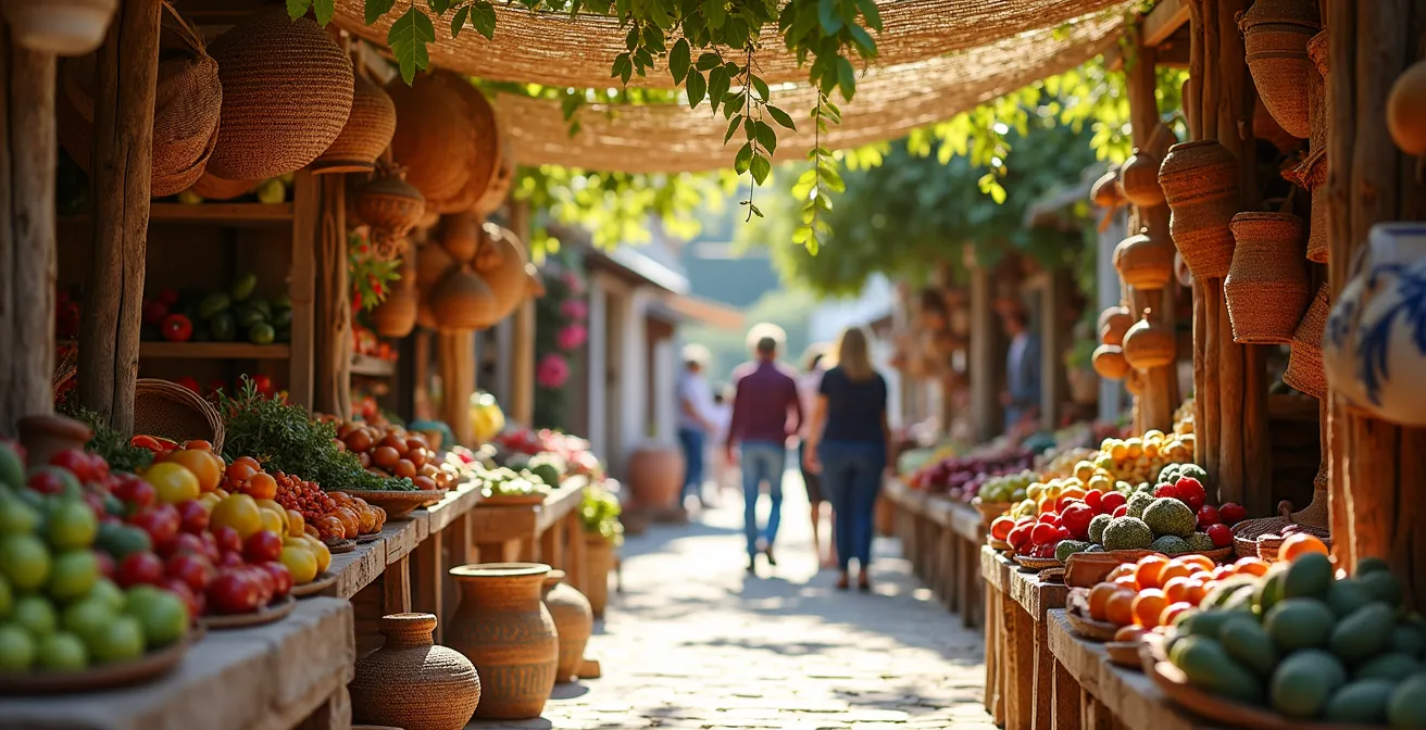 Marché artisanal méditerranéen avec étals colorés sous une tonnelle naturelle