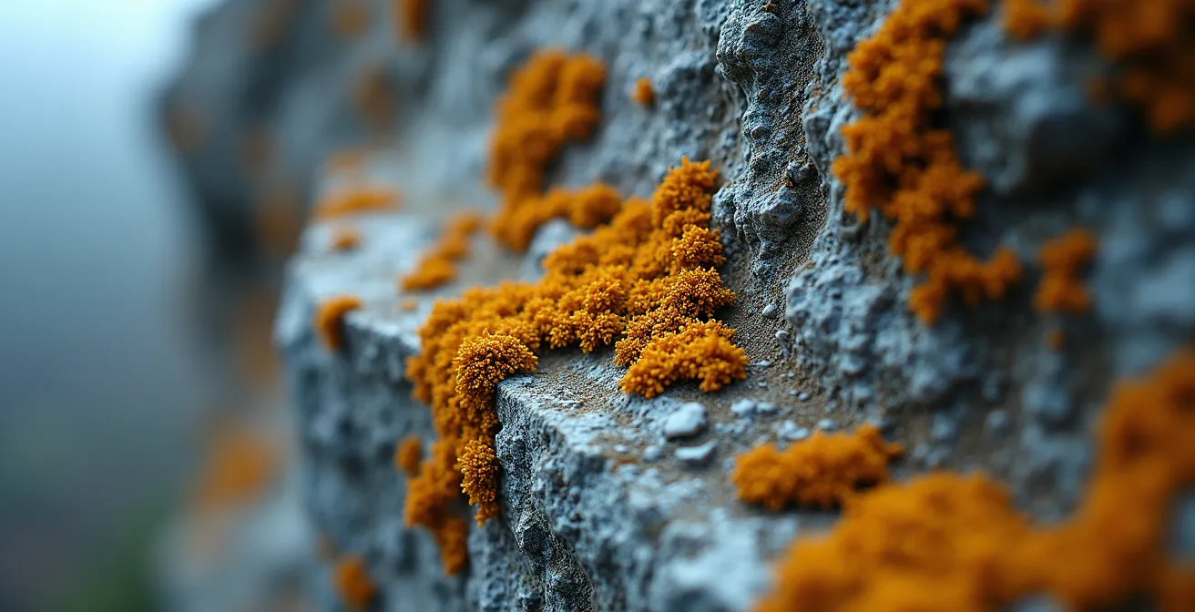 Vue macro sur des textures de roches calcaires avec lichens colorés au lever du soleil