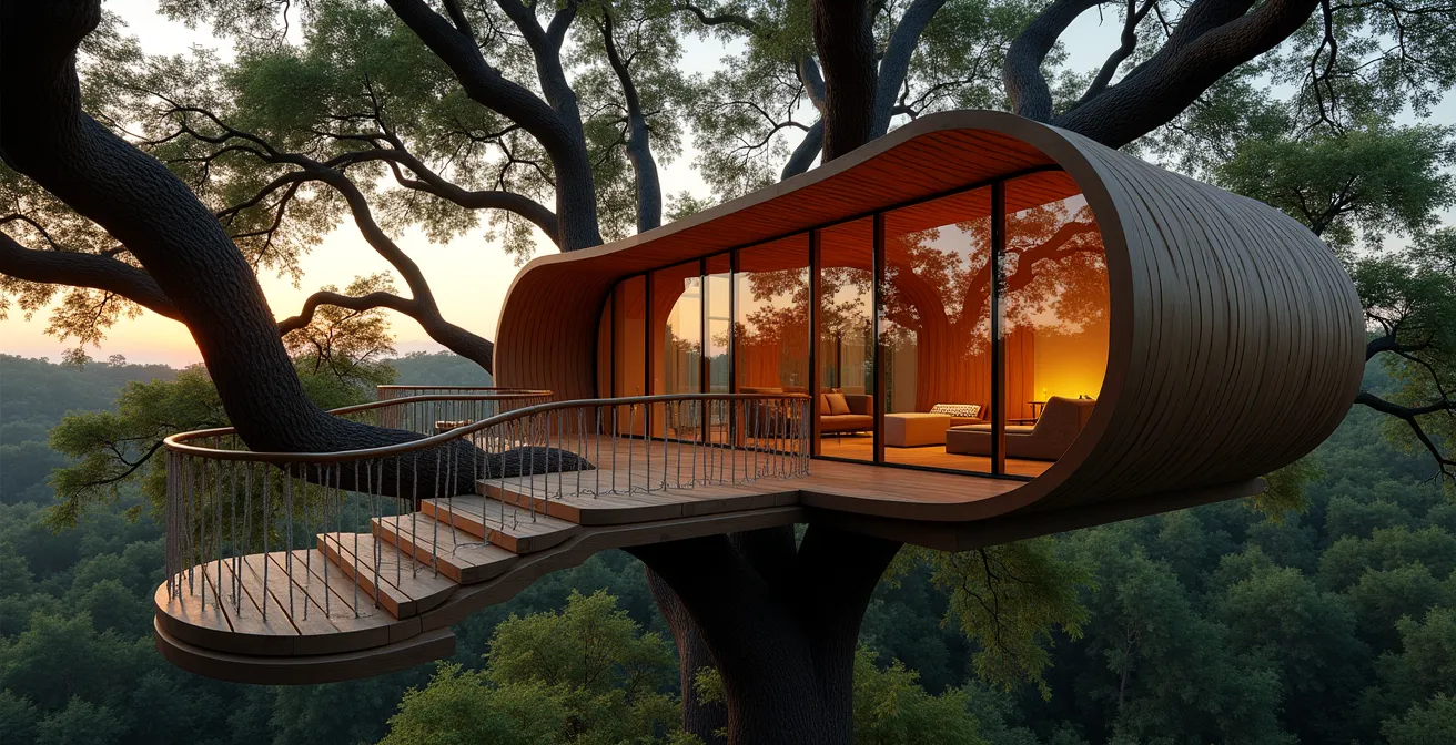 Cabane design dans les arbres avec architecture organique parfaitement intégrée à la canopée