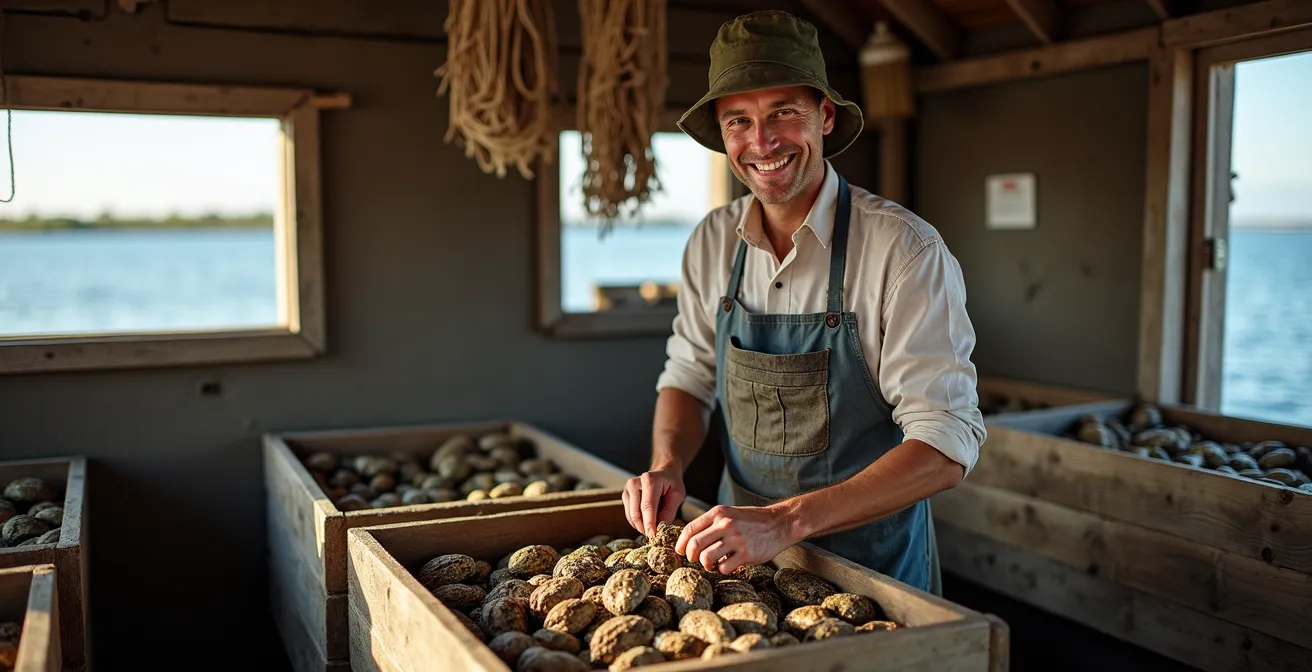 Intérieur chaleureux d'une cabane ostréicole traditionnelle avec vue sur l'étang