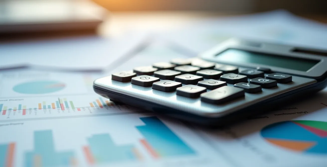 Gros plan sur calculatrice et documents financiers avec graphiques de rentabilité