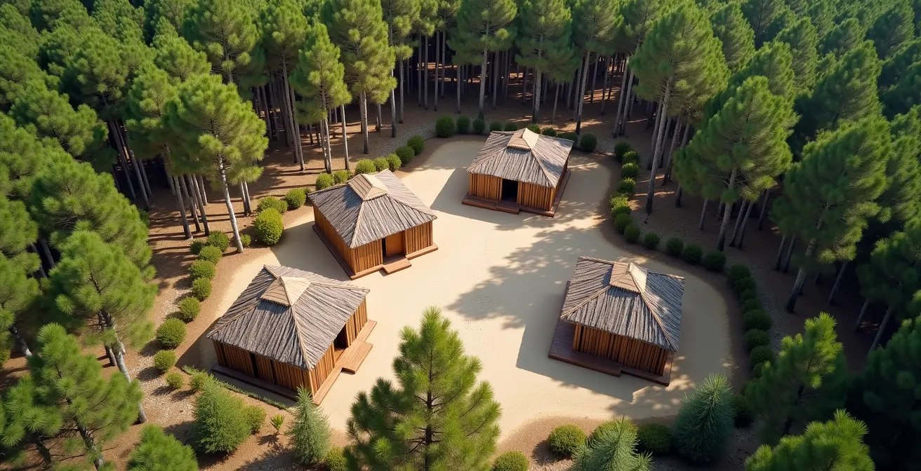 Vue aérienne d'un centre naturiste traditionnel français avec cabanes en bois intégrées dans la pinède