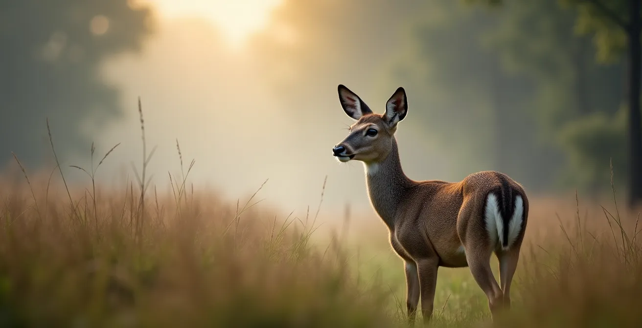 Chevreuil dans une clairière brumeuse au lever du soleil
