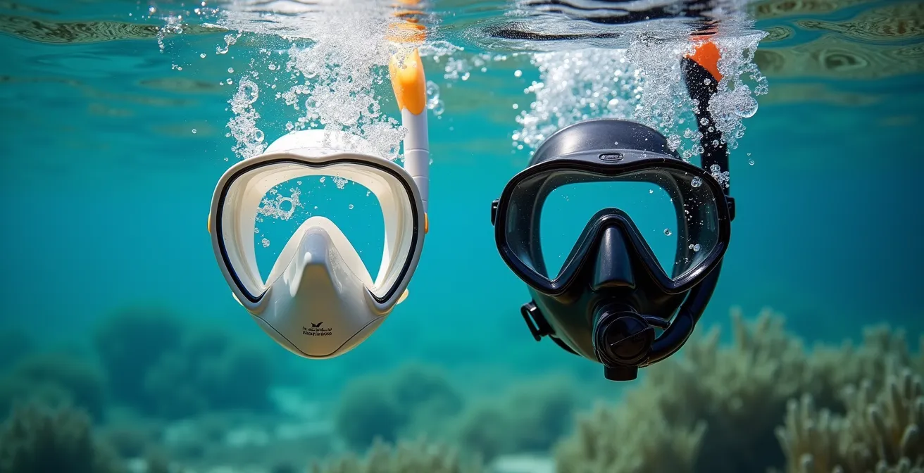 Comparaison visuelle entre masque intégral et masque classique pour le snorkeling