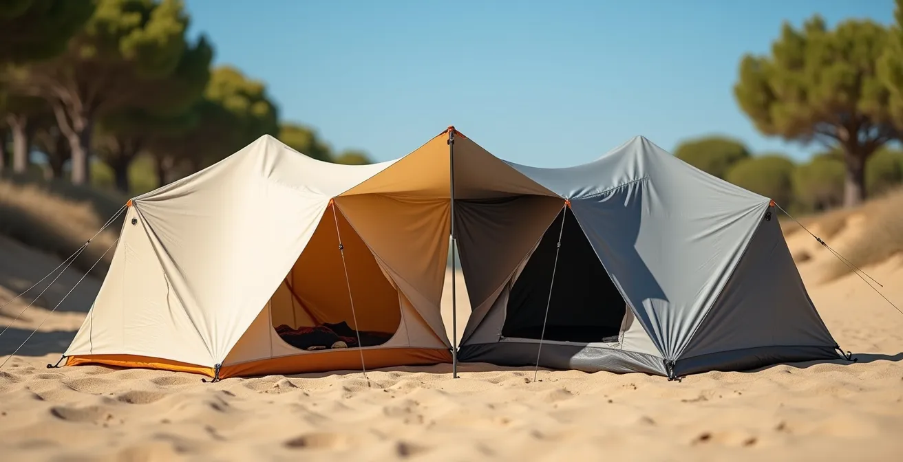 Vue comparative de deux tentes identiques sous le soleil méditerranéen, montrant les différences de confort thermique