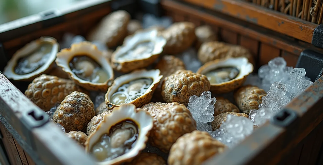 Gros plan sur une glacière ouverte avec bourriches d'huîtres correctement disposées