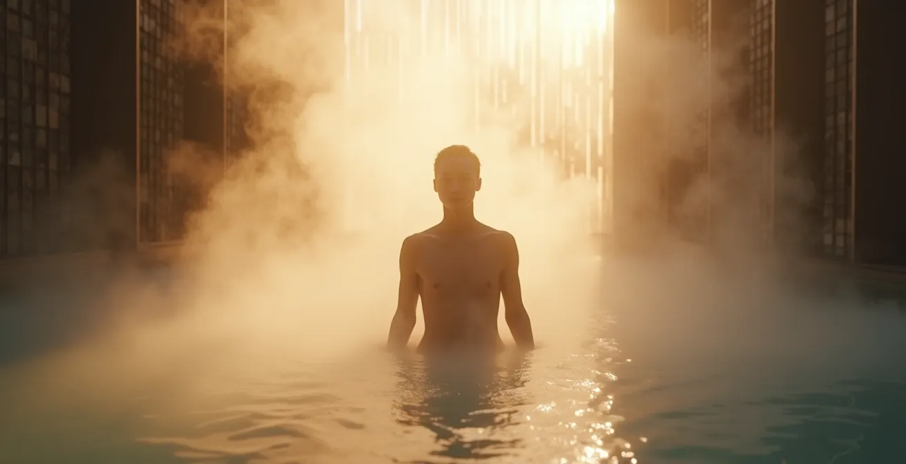 Transition thermique entre l'eau chaude et l'air ambiant créant de la vapeur autour d'une silhouette