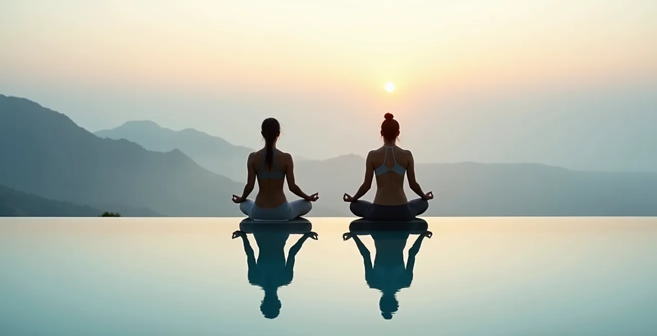 Couple méditant au bord d'une piscine à débordement dans un resort réservé aux adultes