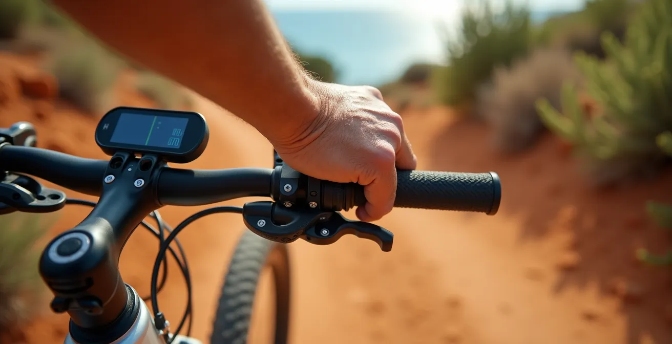 Cycliste sur VAE gravissant une colline méditerranéenne sous le soleil avec vue mer en arrière-plan