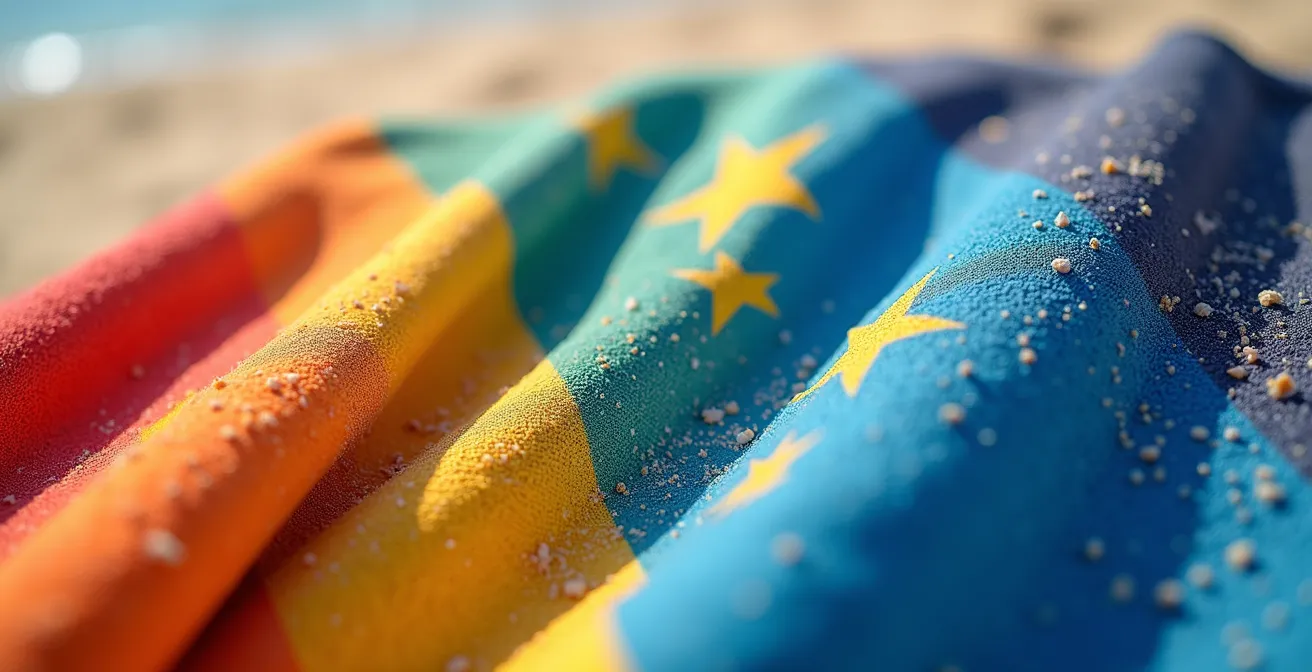 Vue macro sur des serviettes de plage de différentes textures et couleurs représentant subtilement la diversité culturelle européenne