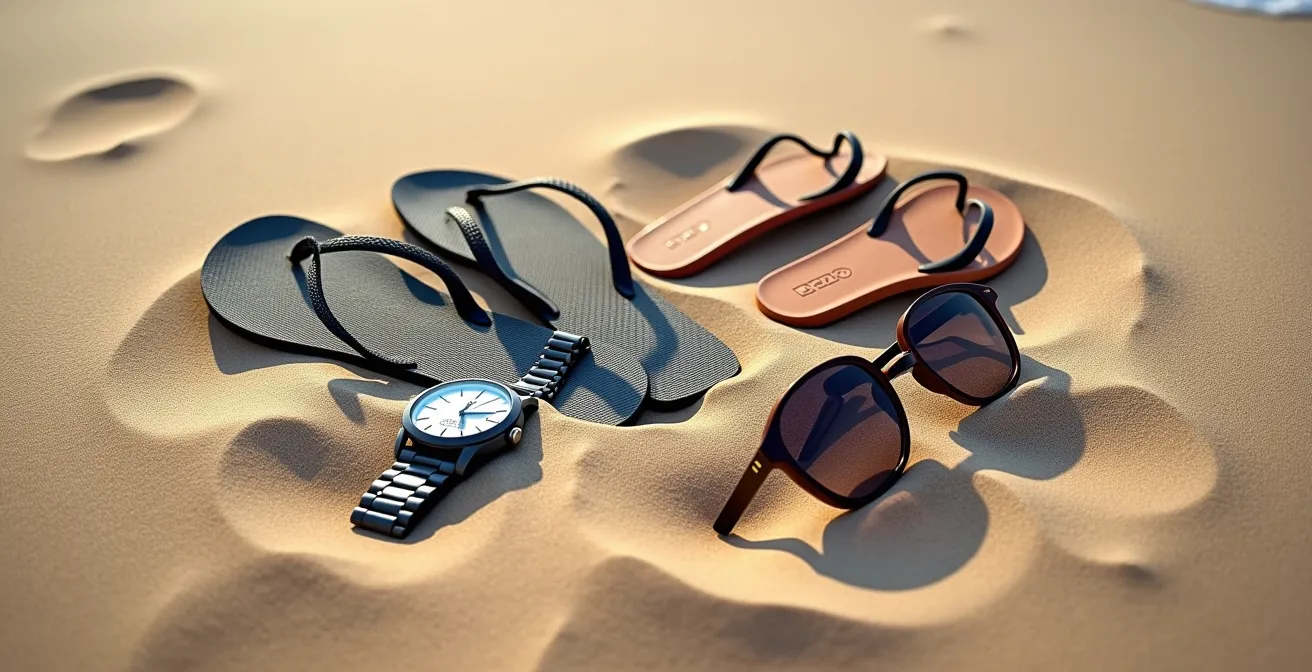 Composition minimaliste d'objets personnels abandonnés sur une plage naturiste symbolisant l'égalité