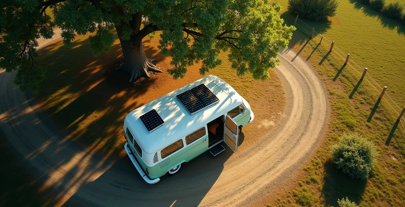 Vue aérienne d'un van aménagé parfaitement positionné sur un emplacement de camping avec zones d'ombre naturelle