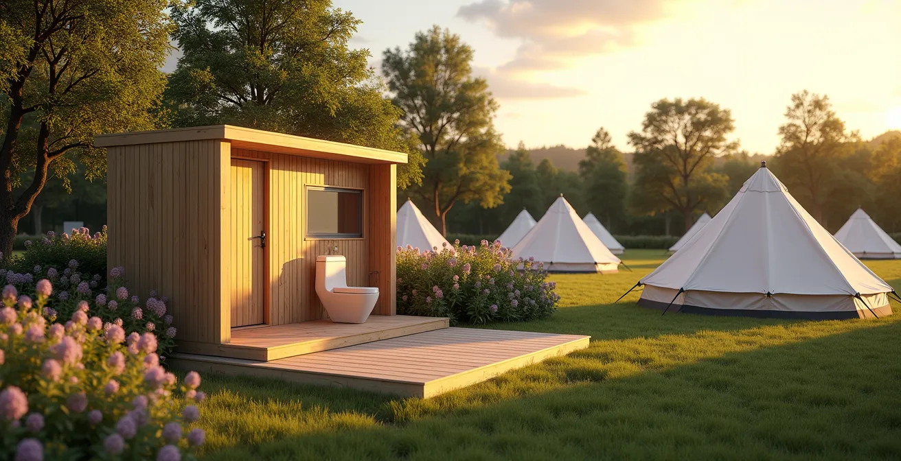Vue large d'un emplacement de camping premium avec bloc sanitaire privé intégré harmonieusement