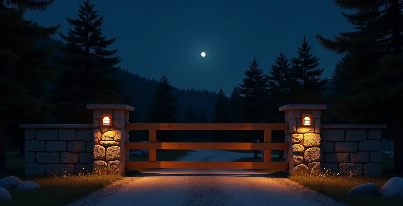 Entrée d'un camping naturiste la nuit avec éclairage doux et barrière fermée