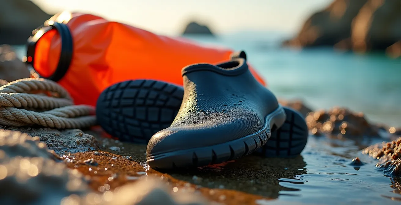 Équipement de water-trekking disposé sur rochers côtiers avec sac étanche et chaussures aquatiques