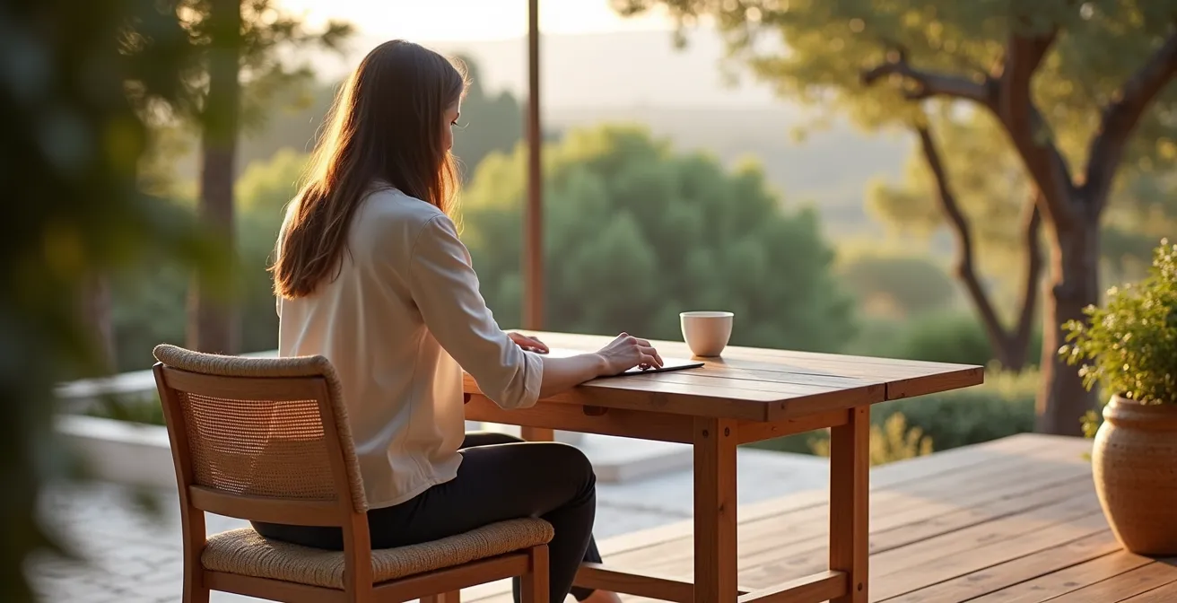 Espace de travail minimaliste en pleine nature avec intégration harmonieuse de la technologie