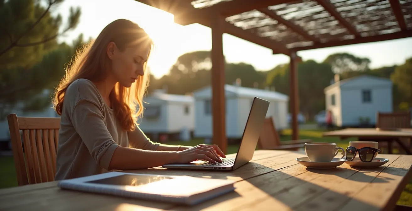Espace de travail extérieur dans un camping avec vue sur la nature