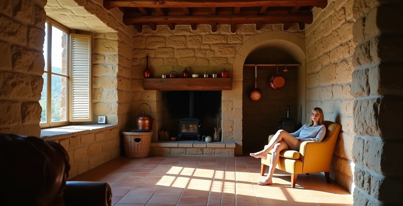 Intérieur d'une ferme ancienne avec murs en pierre apparente, poutres en bois et lumière naturelle filtrant par les volets