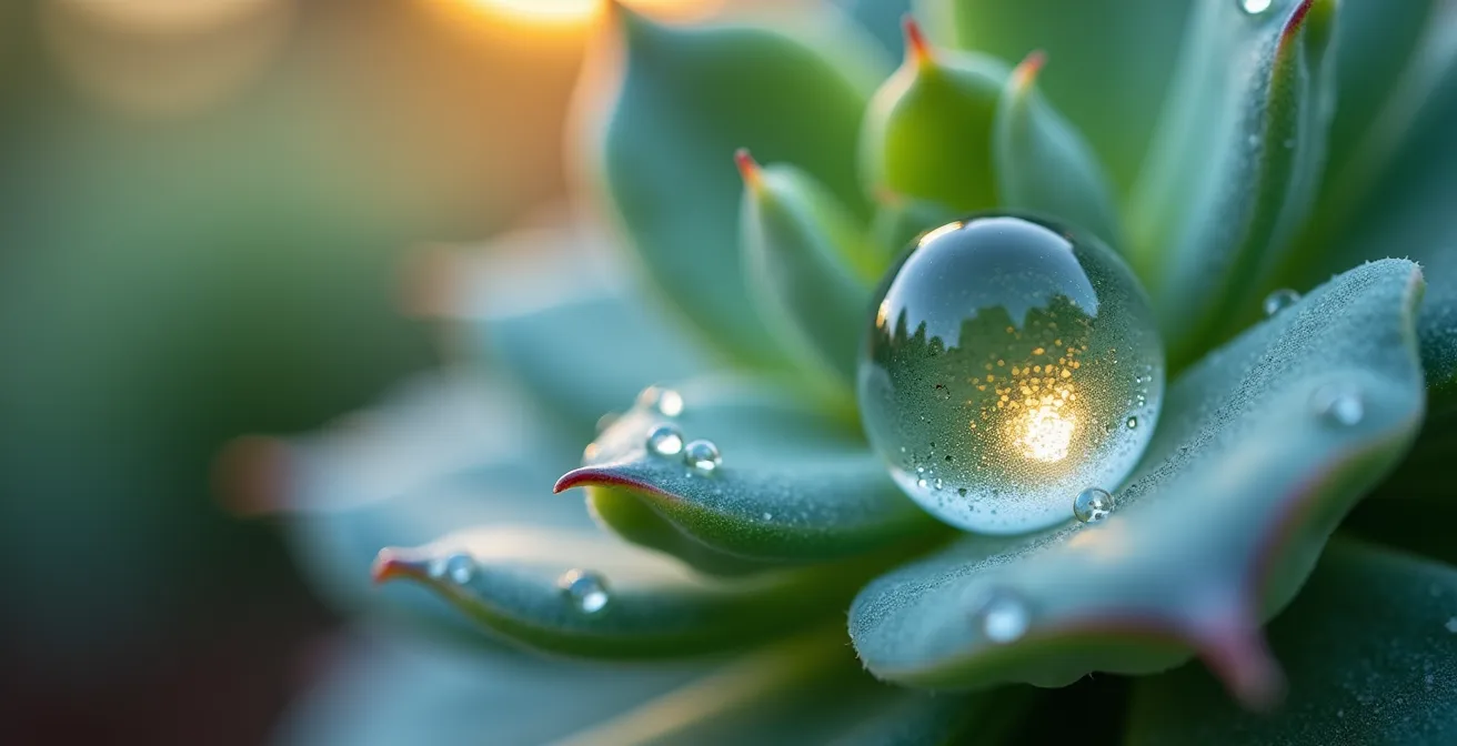 Macro détail de gouttes d'eau sur feuilles de plantes méditerranéennes