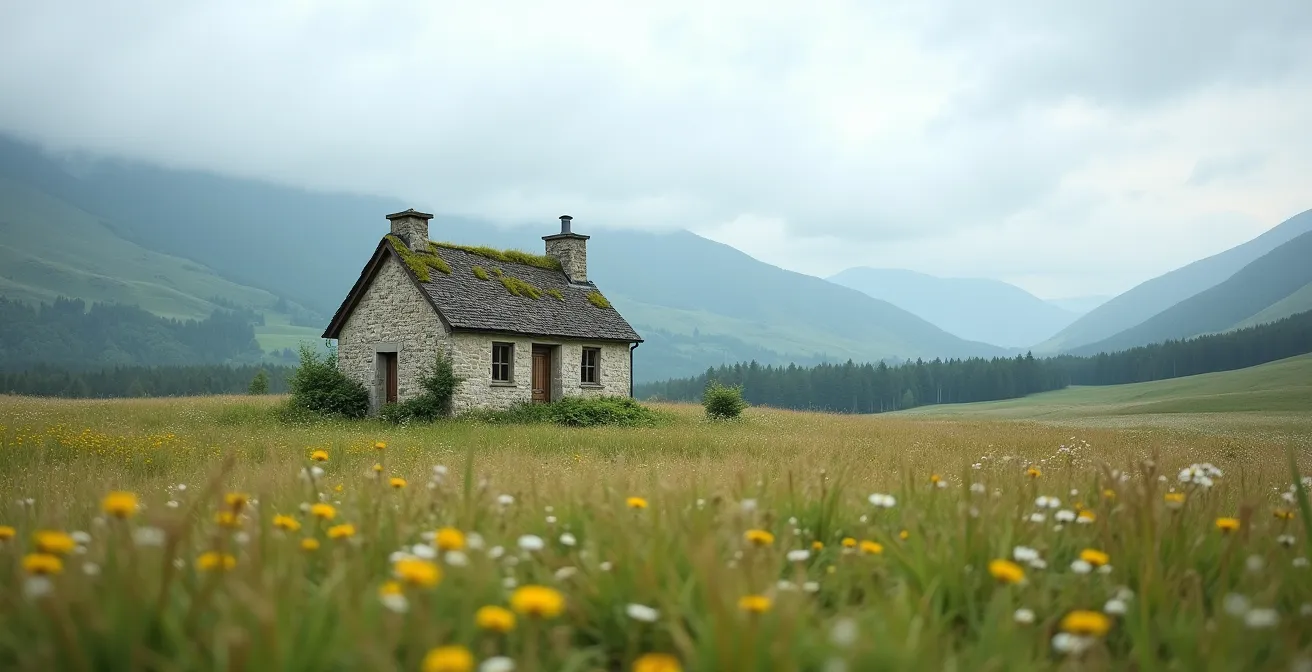 Gîte rural isolé entouré de prairies verdoyantes avec vue panoramique sur la campagne sans aucune habitation visible