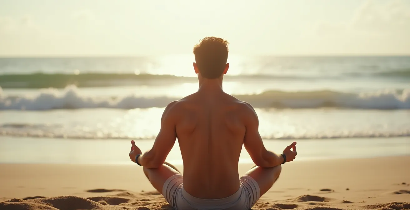 Homme de dos pratiquant la méditation sur une plage naturiste, focalisé sur l'horizon