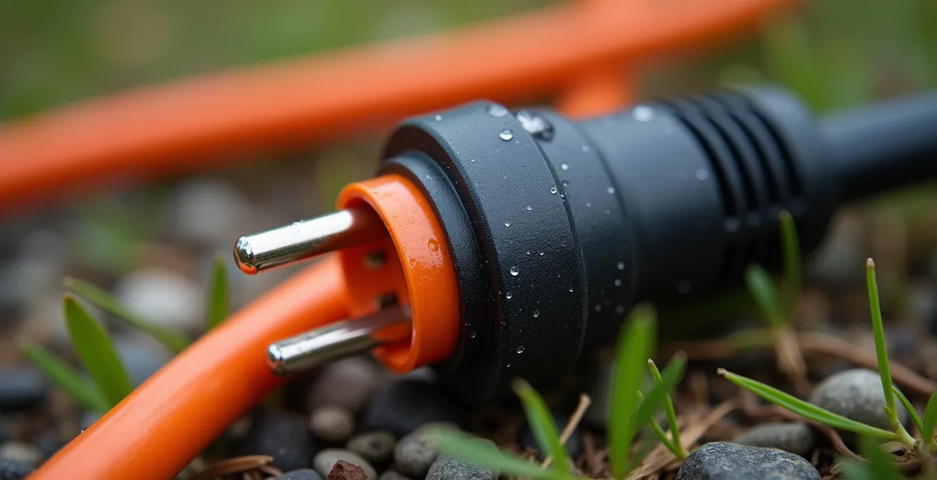 Vue macro détaillée d'une connexion électrique sécurisée avec adaptateur P17 et rallonge étanche