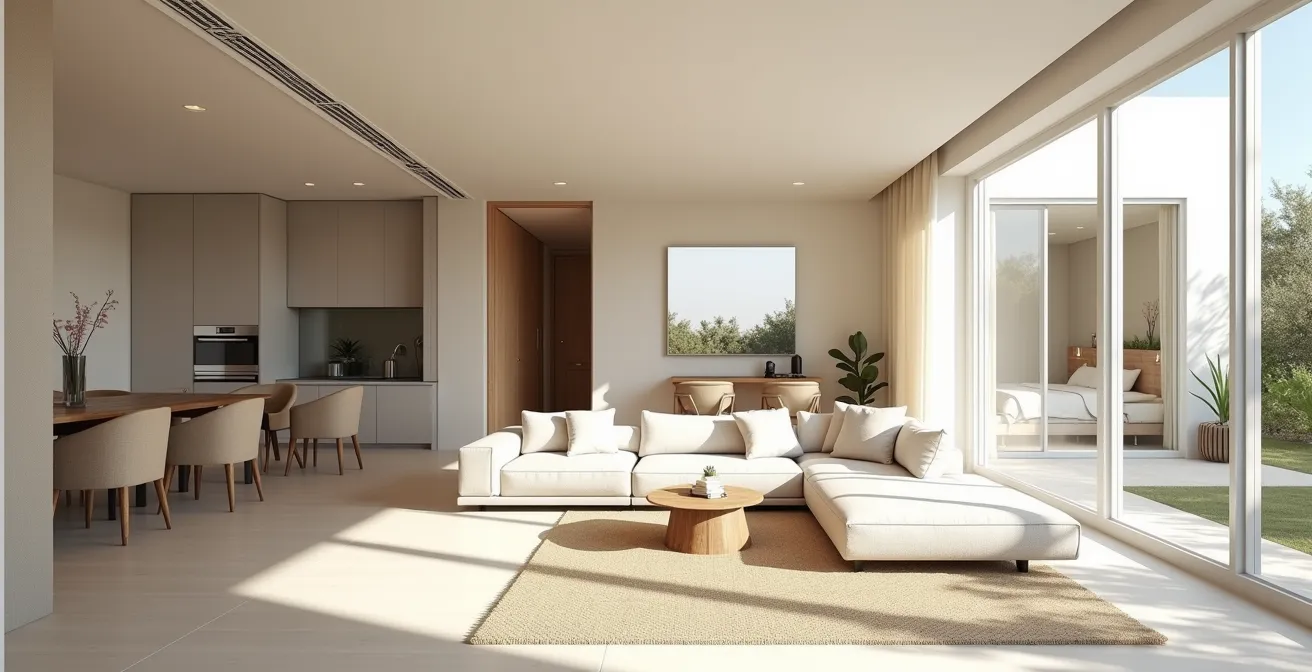 Aménagement intérieur d'une villa de vacances avec espaces distincts pour parents et adolescents