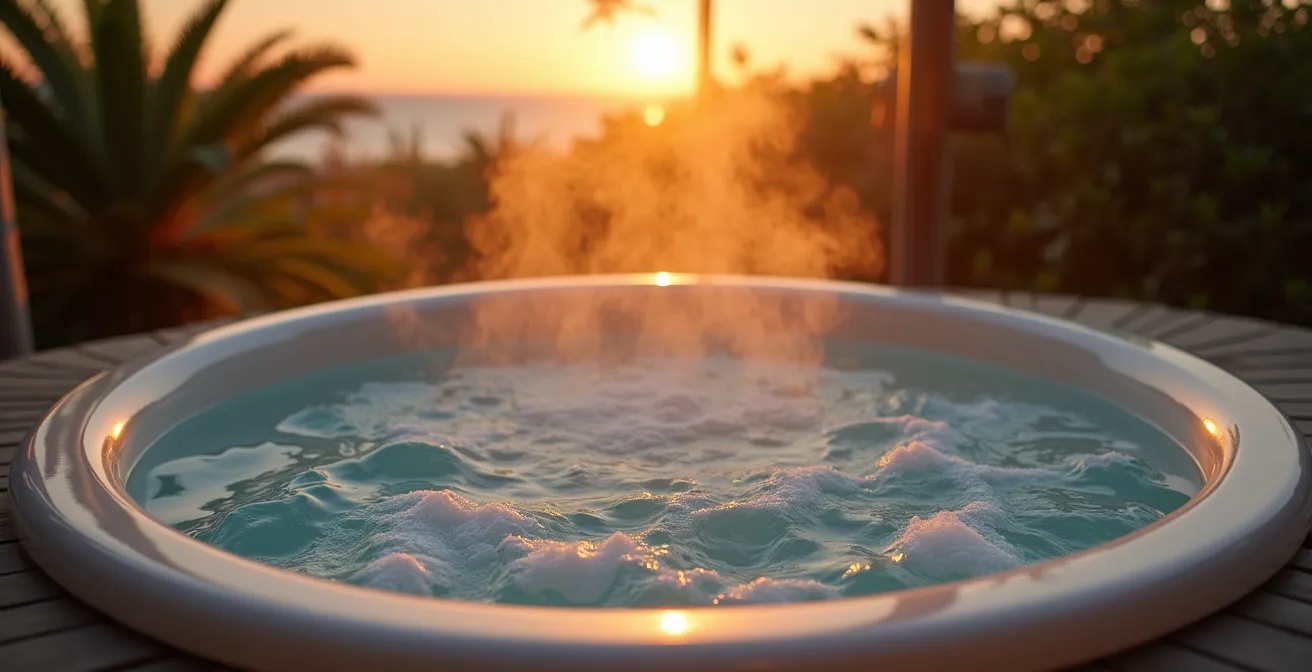 Jacuzzi privatif sur terrasse bois au coucher du soleil dans un environnement naturiste