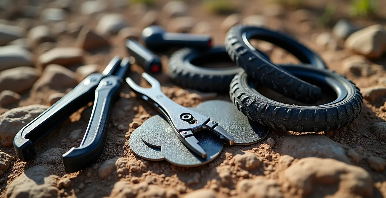 Kit de réparation vélo étalé sur une surface rocheuse naturelle avec outils et composants visibles