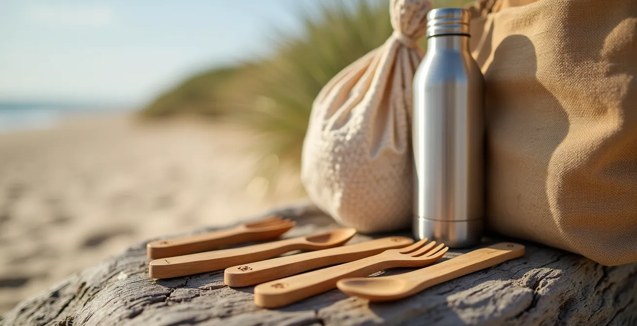 Kit zéro déchet pour la plage avec contenants réutilisables et sac de collecte