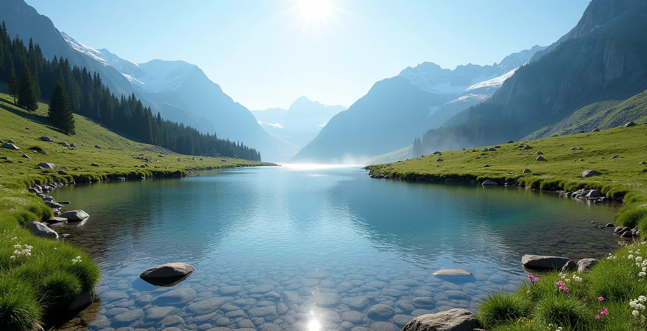 Lac de montagne cristallin entouré de prairies alpines et de sommets enneigés, avec rochers ensoleillés au premier plan