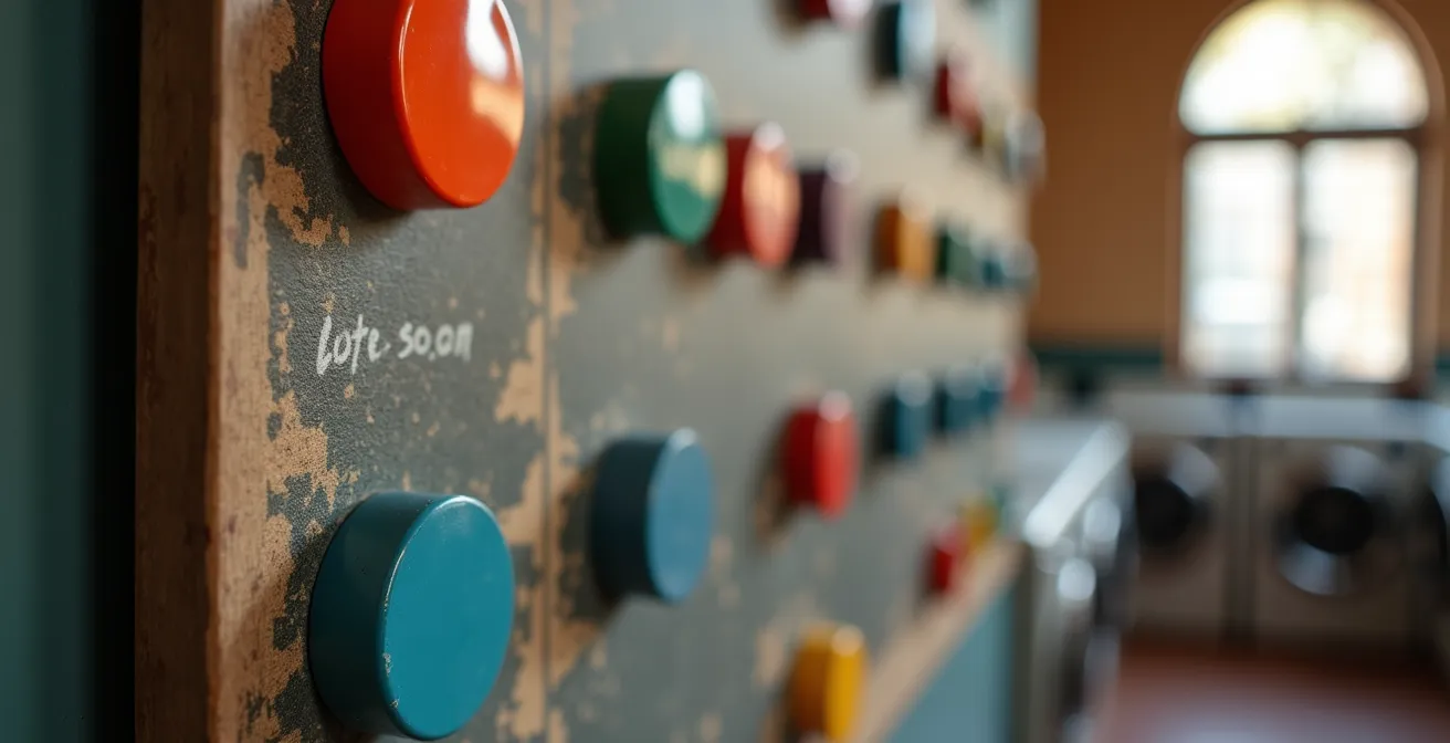 Intérieur d'une laverie automatique communautaire avec système de réservation sur tableau