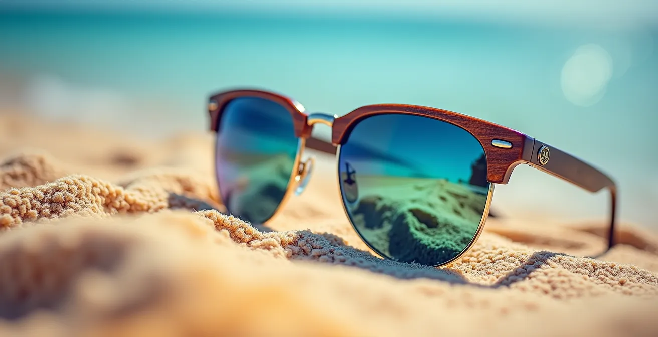 Gros plan sur des lunettes de soleil posées sur une serviette de plage avec reflet de l'océan