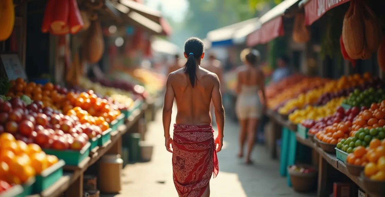 Personne portant un paréo coloré faisant ses courses dans un marché ensoleillé, vue de dos