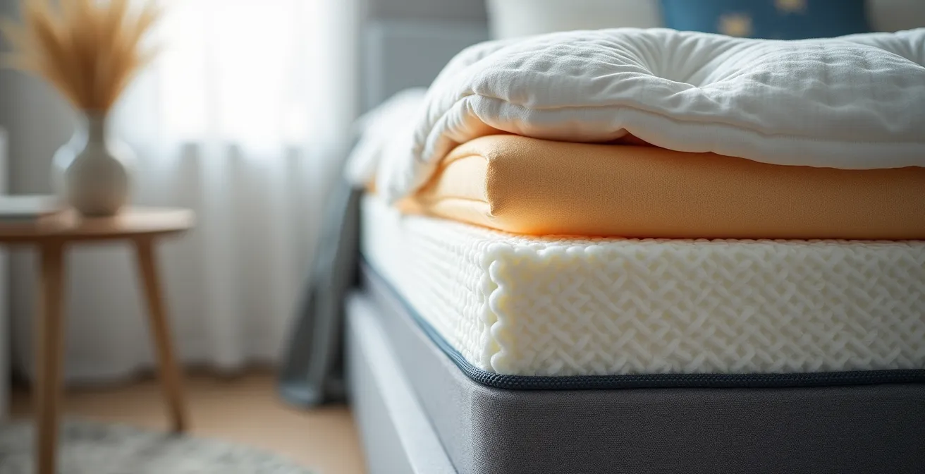 Détail macro d'un matelas haute densité avec sur-matelas dans un mobile-home de luxe