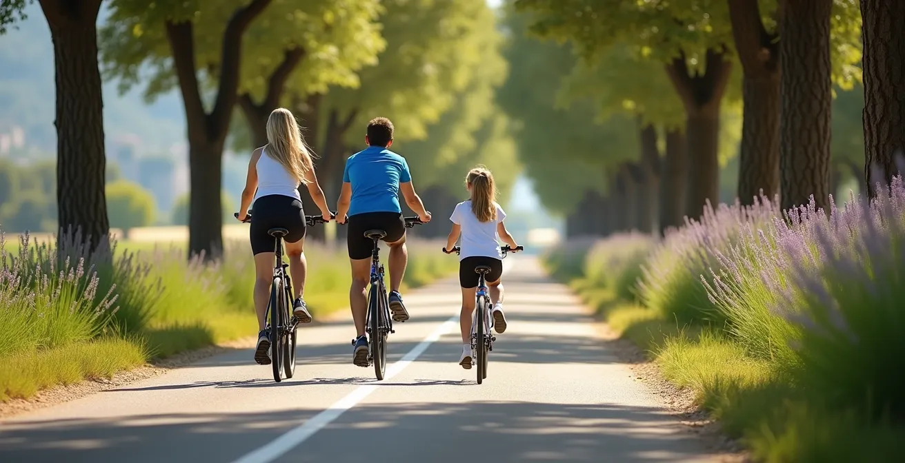 Famille à vélo sur voie verte ombragée du Luberon avec champs de lavande en arrière-plan
