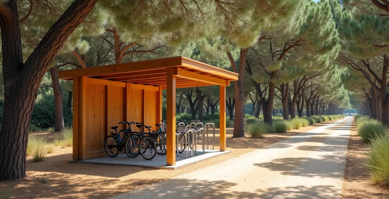 Arrêt de navette ombragé avec support vélos sous les pins maritimes