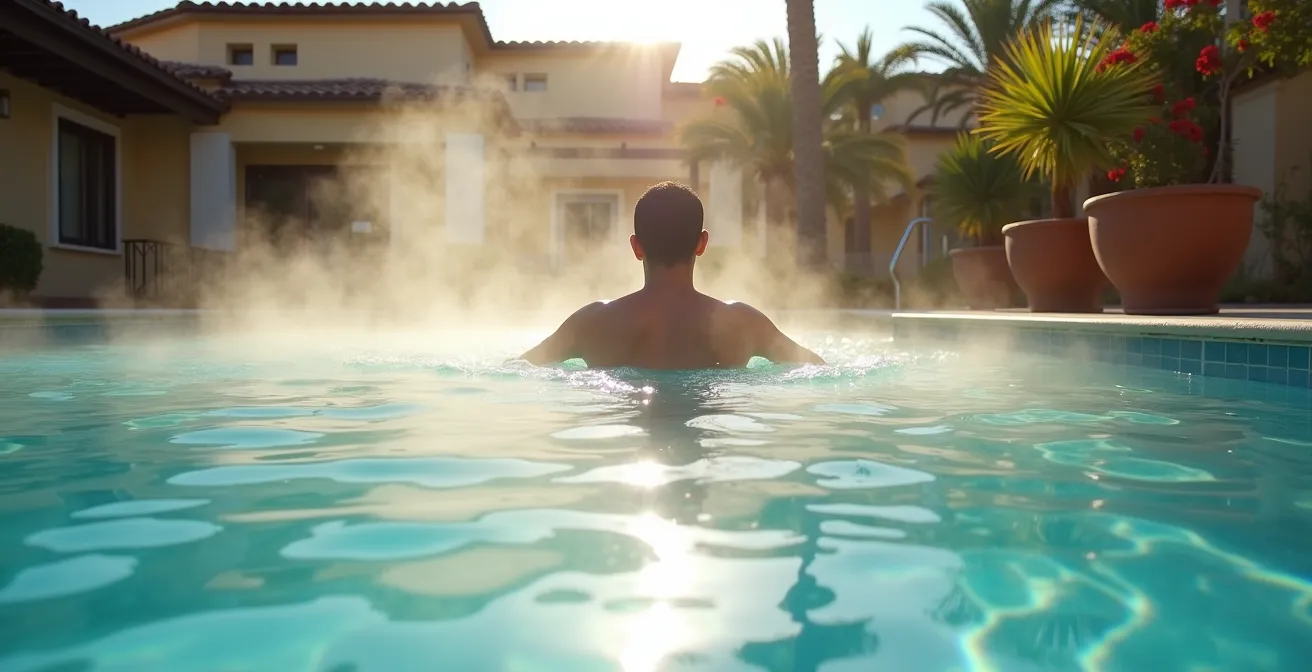 Piscine chauffée entourée de palmiers avec une légère vapeur s'élevant de l'eau turquoise au petit matin, dans une ambiance méditerranéenne.