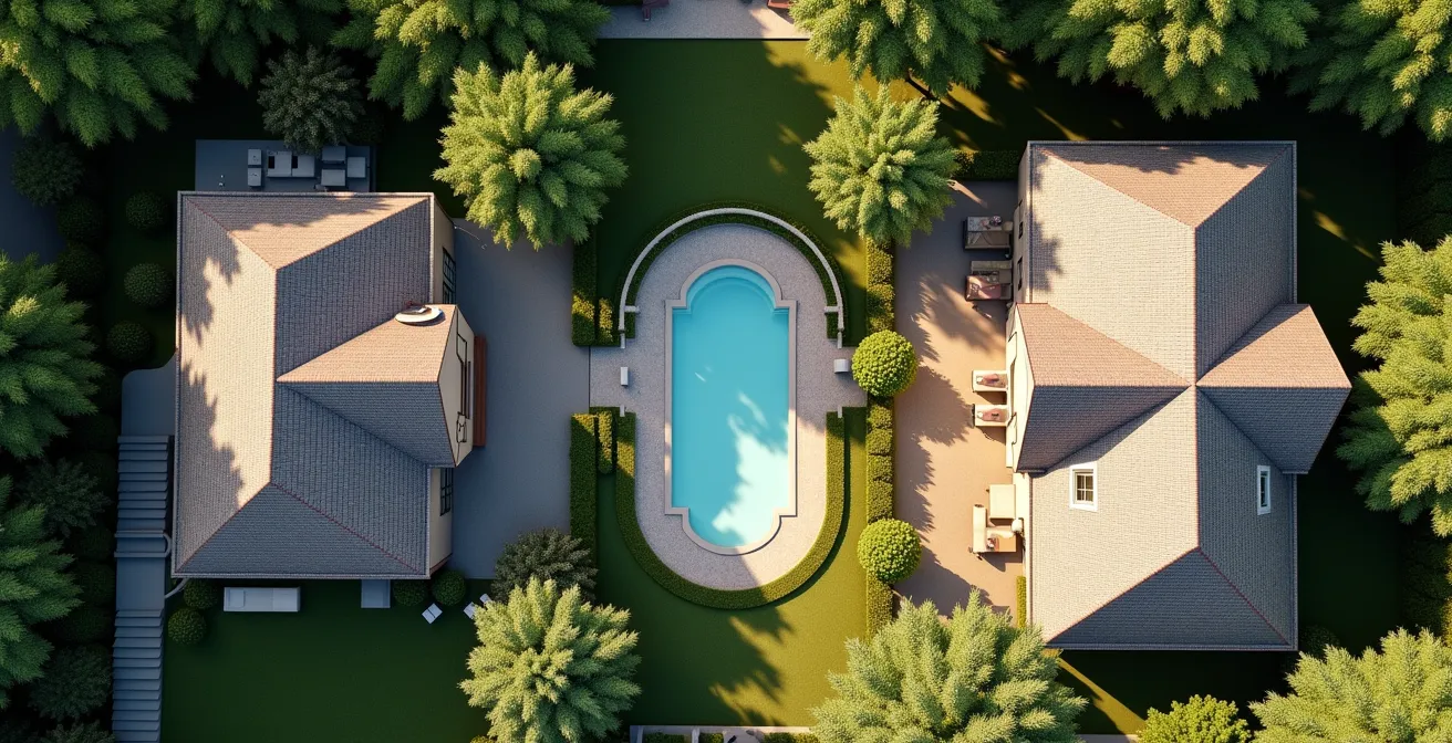 Vue aérienne d'une propriété avec gîte indépendant et maison principale séparés par un jardin arboré