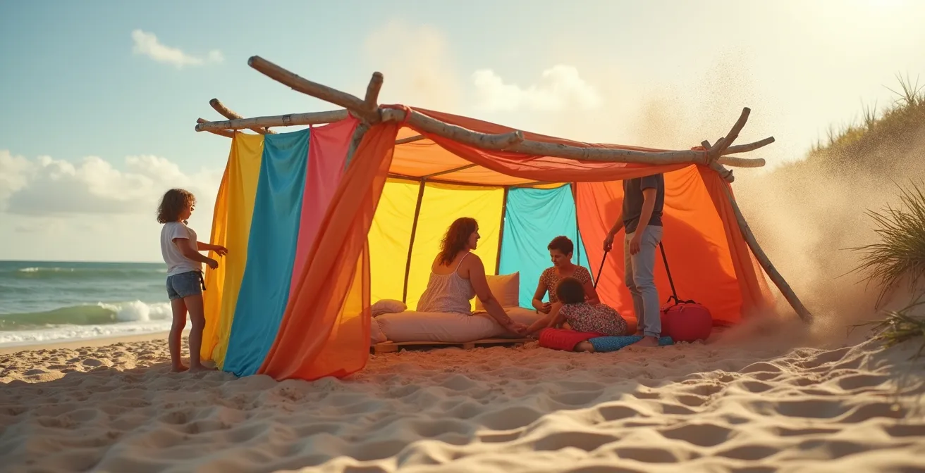 Installation de protection contre le vent sur la plage de Leucate avec des paravents et du bois flotté