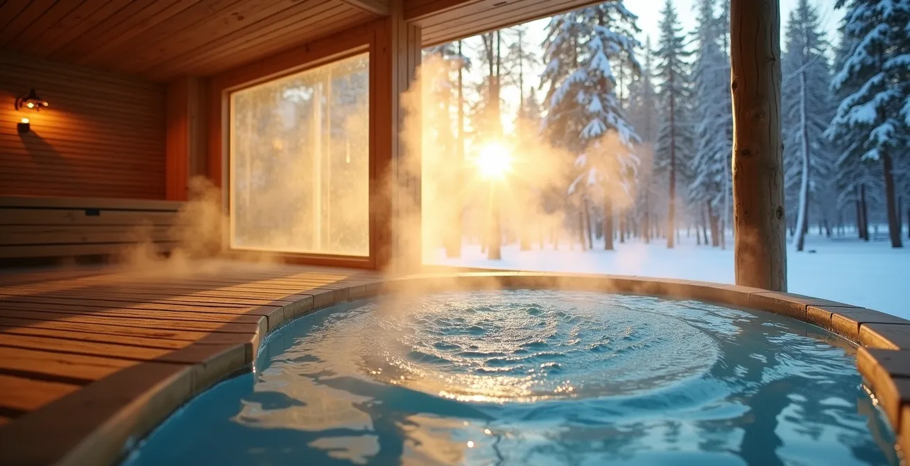 Transition entre sauna en bois et bassin d'eau froide en extérieur dans un environnement naturiste