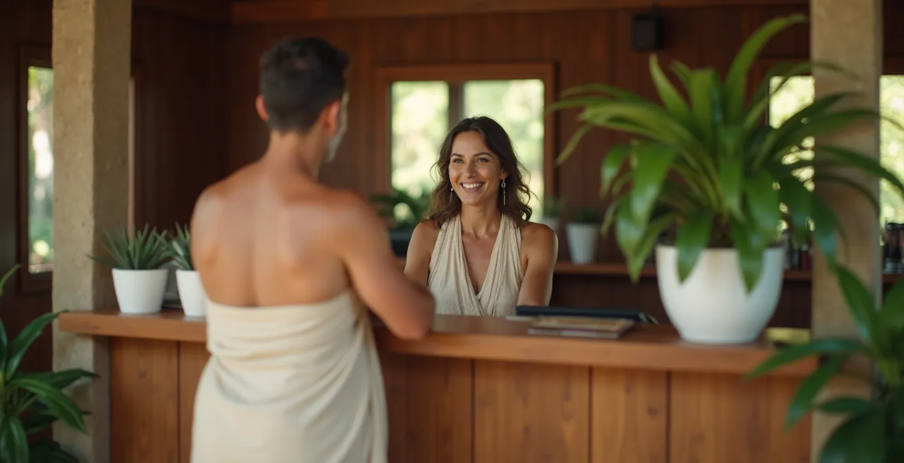 Réception d'un camping naturiste avec personnel accueillant en discussion discrète avec un client