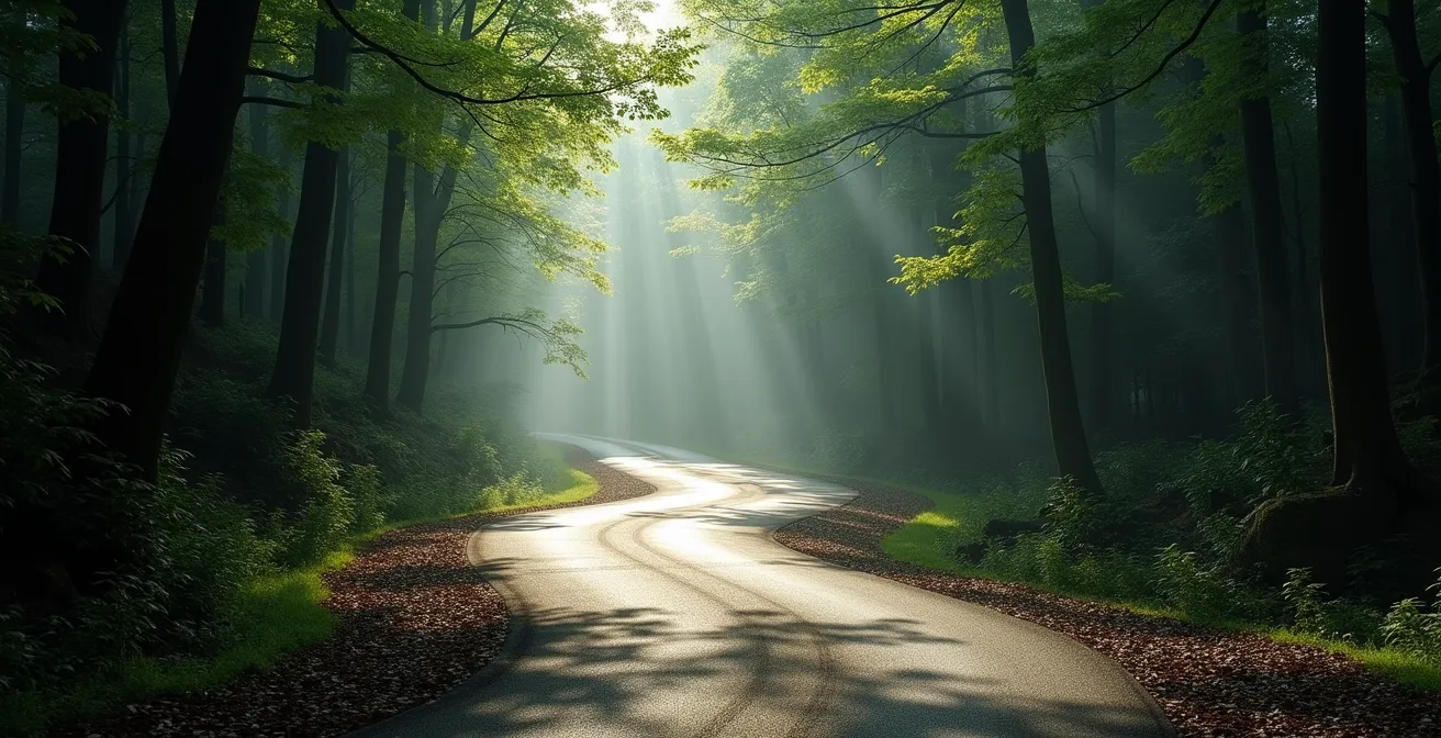 Route départementale serpentant à travers une forêt dense du Massif Central avec lumière filtrée par la canopée