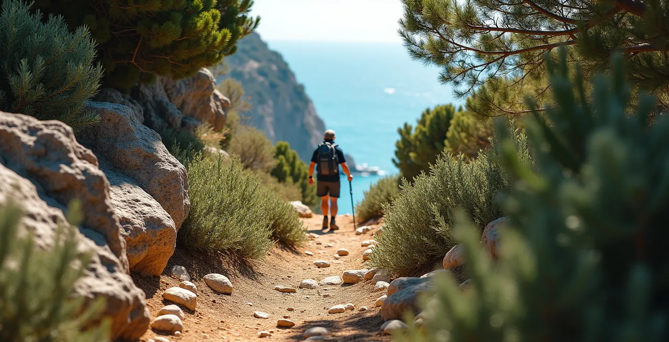 Sentier escarpé descendant vers une crique méditerranéenne à travers la végétation
