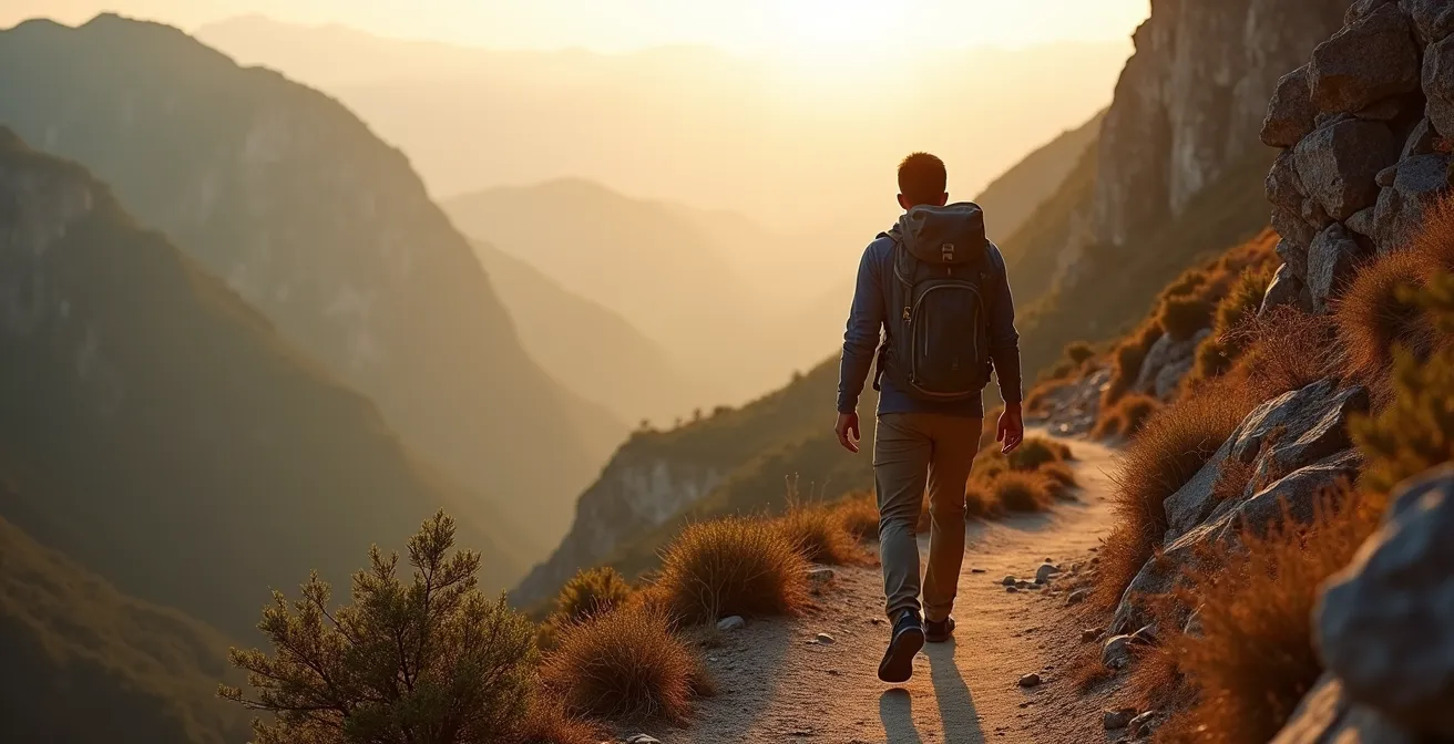 Randonneur solitaire sur un sentier de plateau au lever du soleil avec vue sur les gorges
