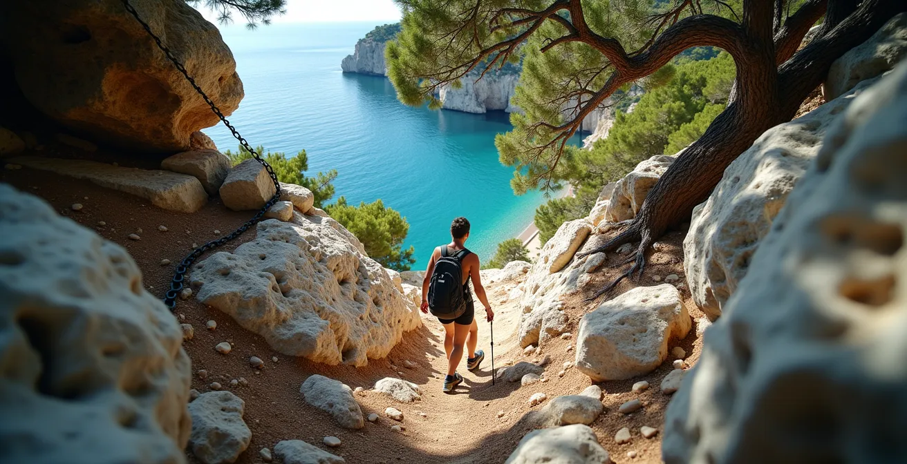 Sentier escarpé serpentant entre roches calcaires avec vue sur mer Méditerranée