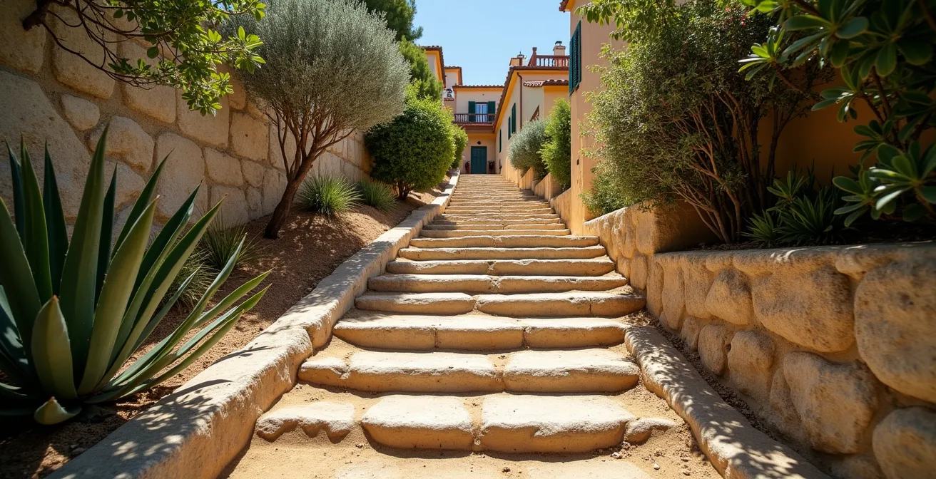 Chemin de pierre escarpé serpentant entre les villas méditerranéennes avec végétation luxuriante