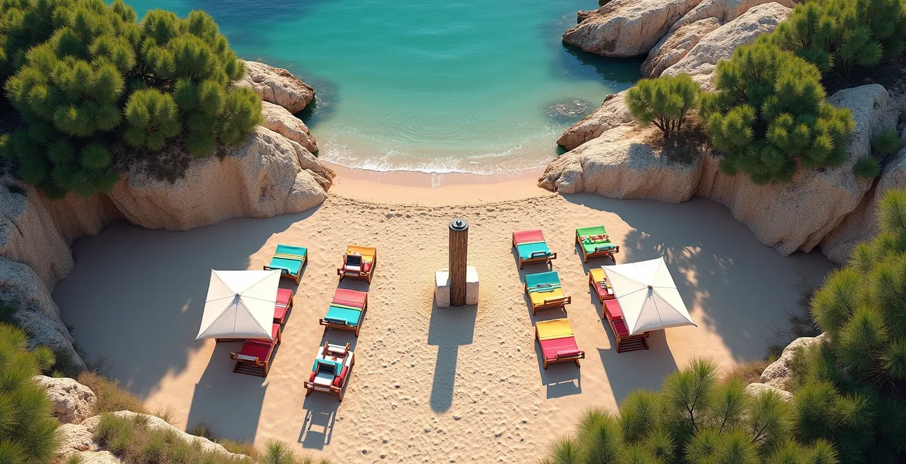 Vue aérienne d'une plage méditerranéenne montrant la transition entre zones textile et naturiste