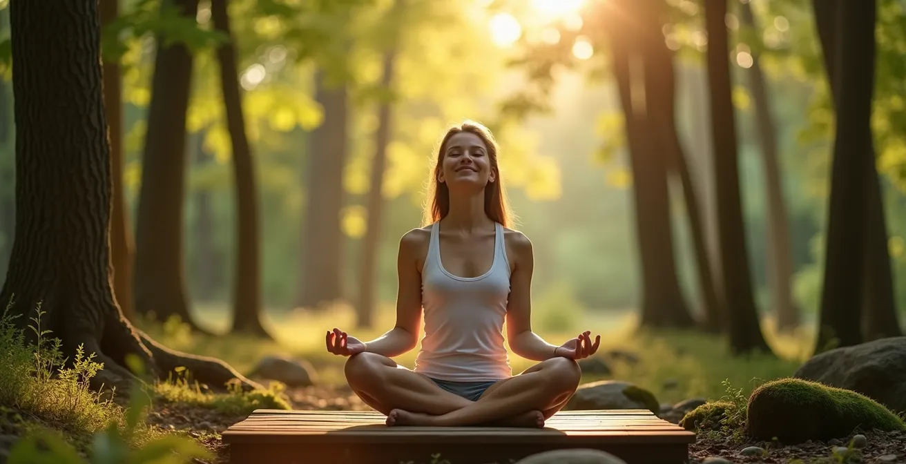 Personne méditant en position lotus au milieu d'une clairière forestière baignée de lumière douce